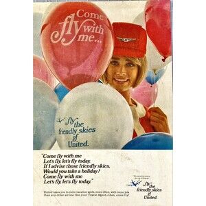 United Air Line "Come Fly with ME""Fly the Friendly Skies" Vintage Print Ad 1969